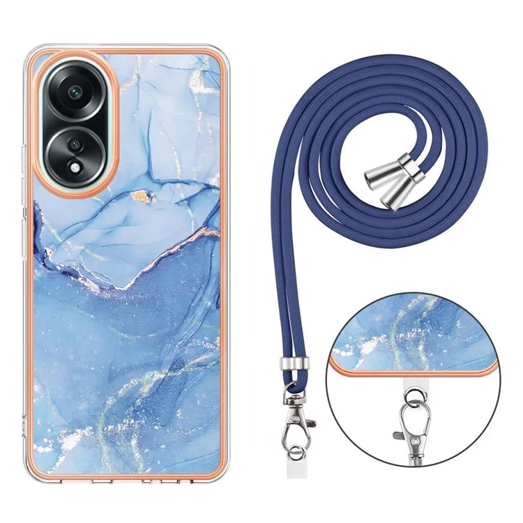 YB IMD Series-18 Style E for Oppo A58 4G Case Marble Pattern Electroplating Cover with Lanyard