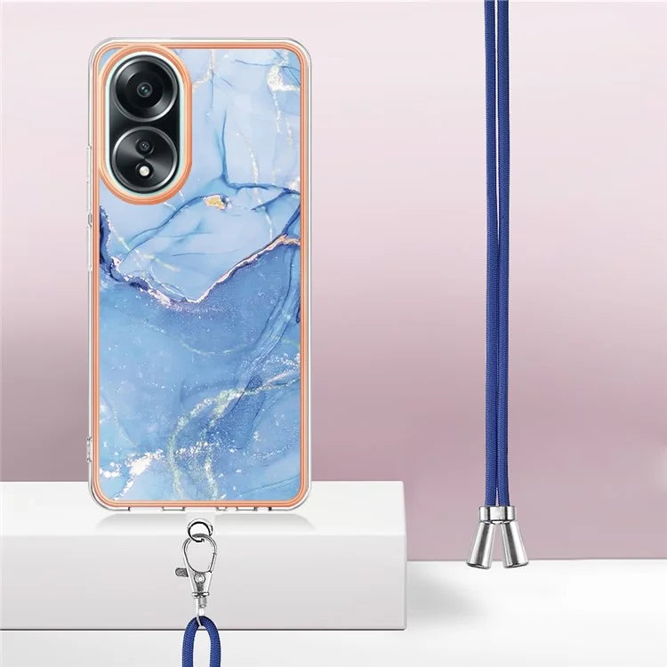 YB IMD Series-18 Style E for Oppo A58 4G Case Marble Pattern Electroplating Cover with Lanyard