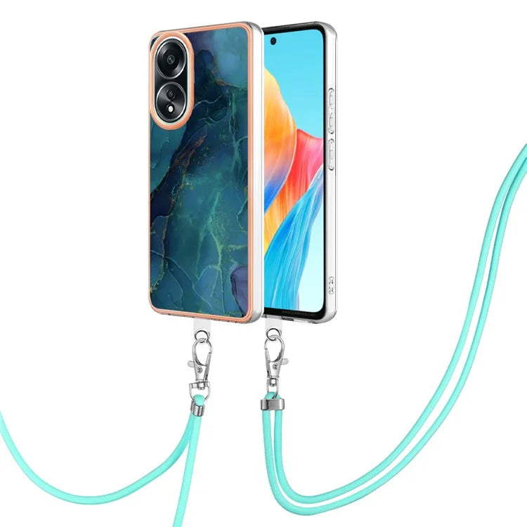 YB IMD Series-18 Style E for Oppo A58 4G Case Marble Pattern Electroplating Cover with Lanyard