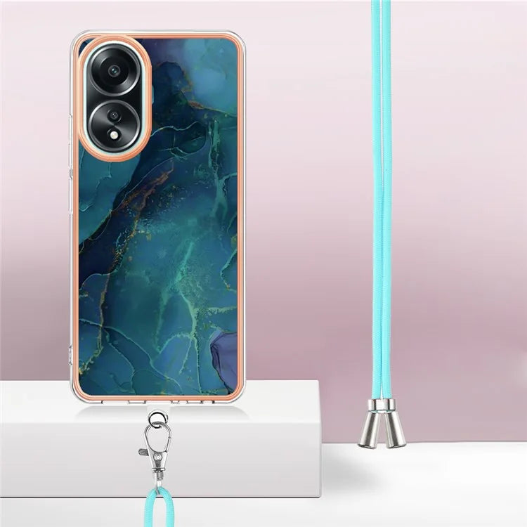 YB IMD Series-18 Style E for Oppo A58 4G Case Marble Pattern Electroplating Cover with Lanyard
