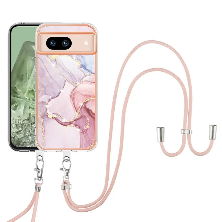 YB IMD Series-9 For Google Pixel 8a Case IMD Electroplating TPU Protective Shell with Lanyard