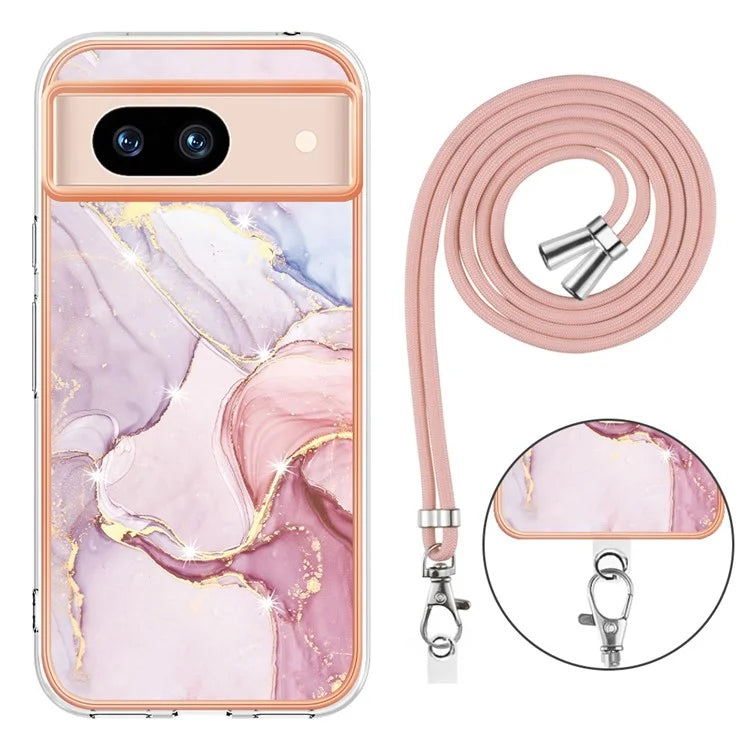YB IMD Series-9 For Google Pixel 8a Case IMD Electroplating TPU Protective Shell with Lanyard