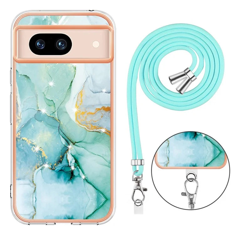 YB IMD Series-9 For Google Pixel 8a Case IMD Electroplating TPU Protective Shell with Lanyard