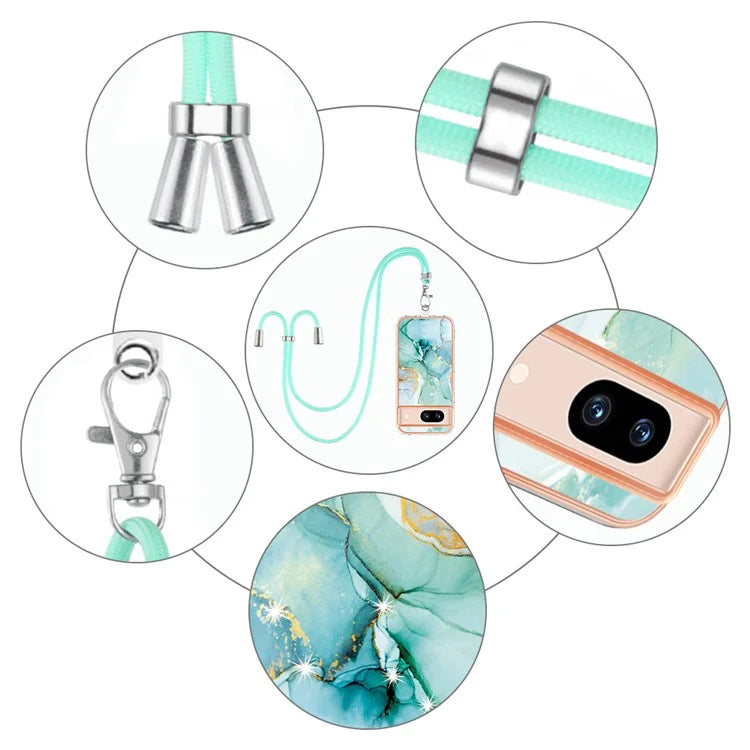 YB IMD Series-9 For Google Pixel 8a Case IMD Electroplating TPU Protective Shell with Lanyard