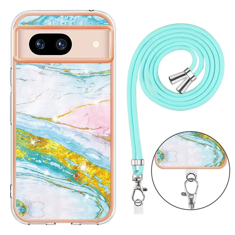 YB IMD Series-9 For Google Pixel 8a Case IMD Electroplating TPU Protective Shell with Lanyard