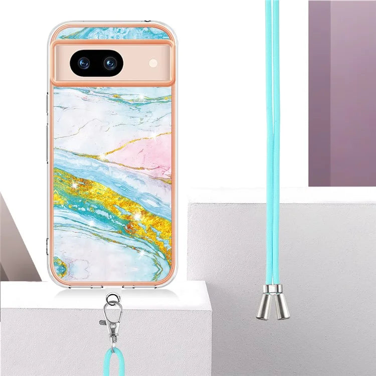 YB IMD Series-9 For Google Pixel 8a Case IMD Electroplating TPU Protective Shell with Lanyard