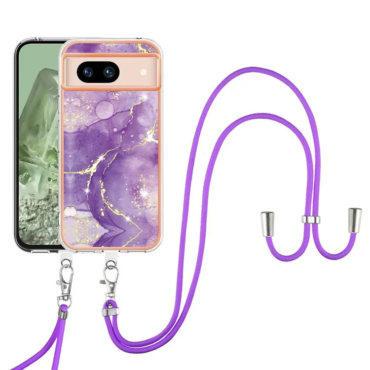 YB IMD Series-9 For Google Pixel 8a Case IMD Electroplating TPU Protective Shell with Lanyard