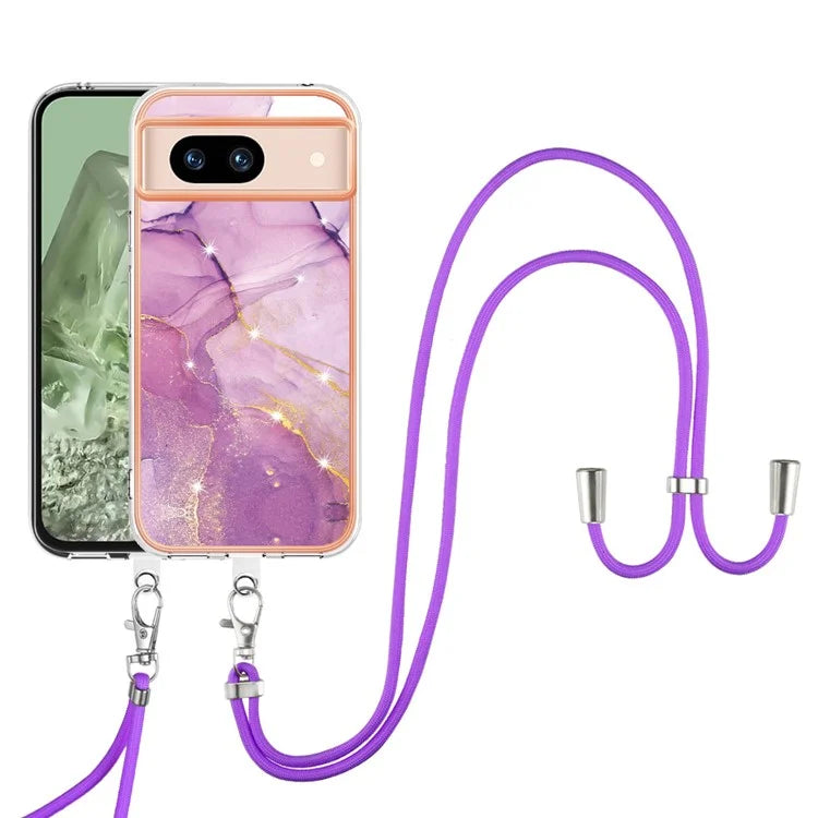 YB IMD Series-9 For Google Pixel 8a Case IMD Electroplating TPU Protective Shell with Lanyard