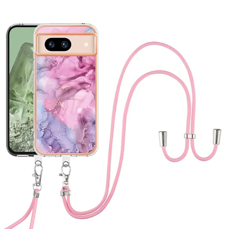 YB IMD Series-18 Style E for Google Pixel 8a Case Marble Pattern 2.0mm TPU Crossbody Protective Cover