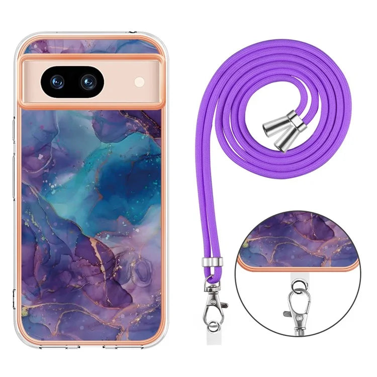YB IMD Series-18 Style E for Google Pixel 8a Case Marble Pattern 2.0mm TPU Crossbody Protective Cover