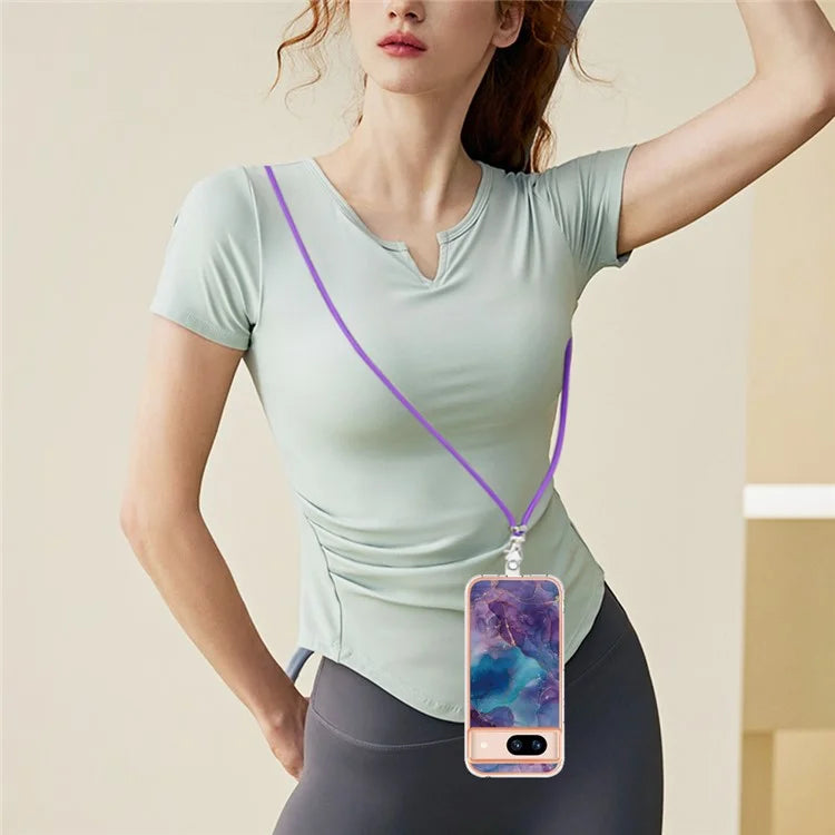 YB IMD Series-18 Style E for Google Pixel 8a Case Marble Pattern 2.0mm TPU Crossbody Protective Cover