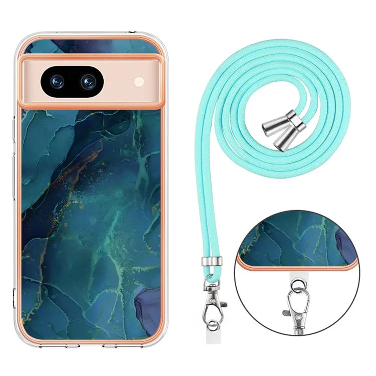 YB IMD Series-18 Style E for Google Pixel 8a Case Marble Pattern 2.0mm TPU Crossbody Protective Cover