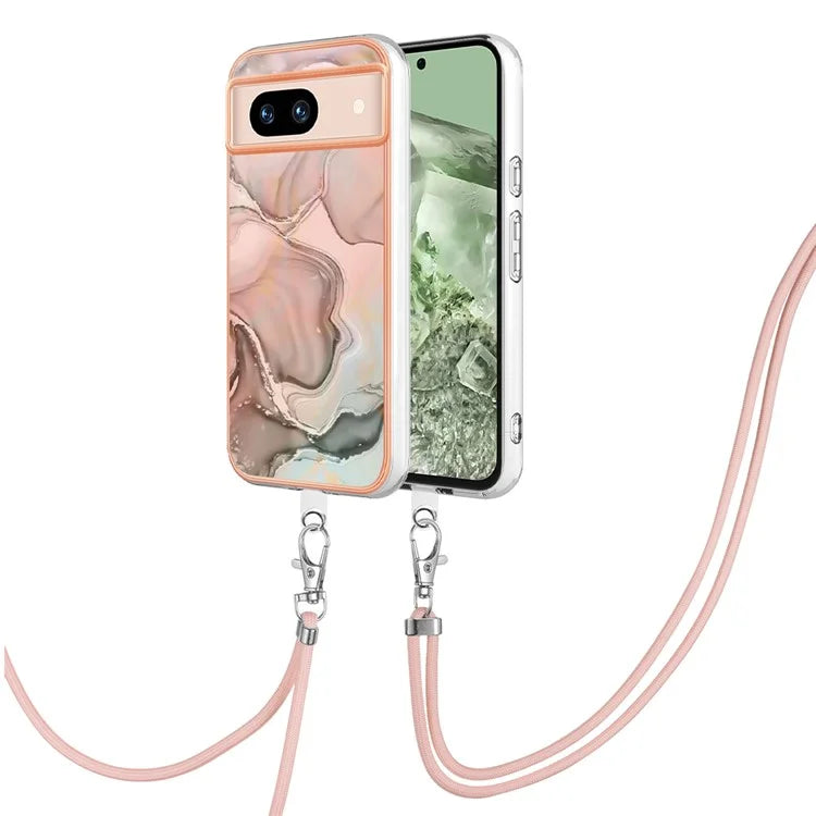 YB IMD Series-18 Style E for Google Pixel 8a Case Marble Pattern 2.0mm TPU Crossbody Protective Cover