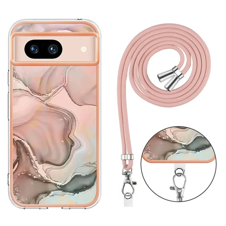 YB IMD Series-18 Style E for Google Pixel 8a Case Marble Pattern 2.0mm TPU Crossbody Protective Cover