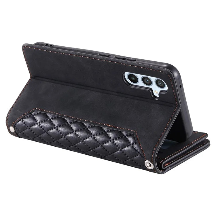 For Samsung Galaxy A55 5G Wallet Case Rhombus PU Leather Flip Phone Cover with Strap