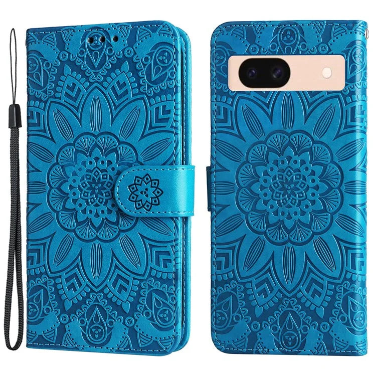 For Google Pixel 8a Protective Case Wrist Strap Sunflower Pattern Leather Phone Cover