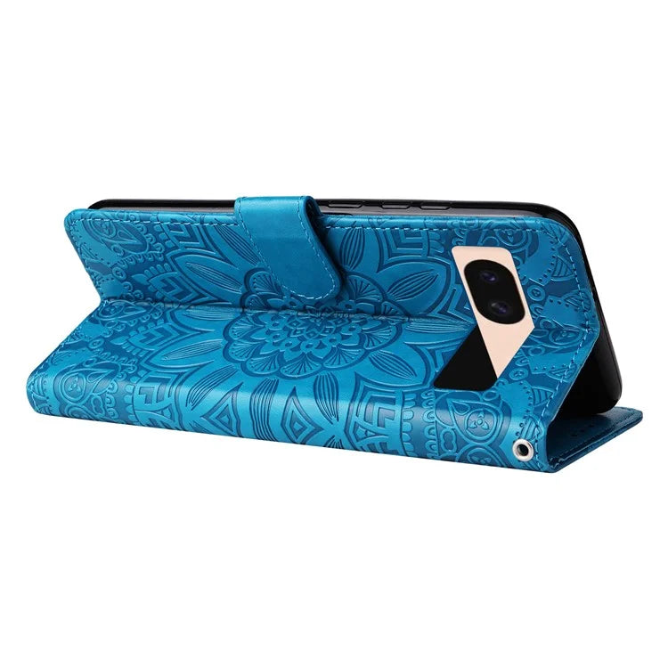For Google Pixel 8a Protective Case Wrist Strap Sunflower Pattern Leather Phone Cover