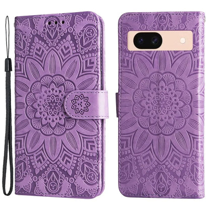 For Google Pixel 8a Protective Case Wrist Strap Sunflower Pattern Leather Phone Cover