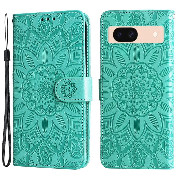 For Google Pixel 8a Protective Case Wrist Strap Sunflower Pattern Leather Phone Cover