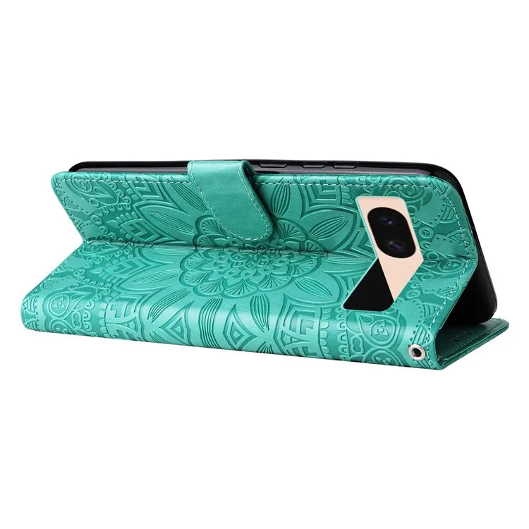 For Google Pixel 8a Protective Case Wrist Strap Sunflower Pattern Leather Phone Cover