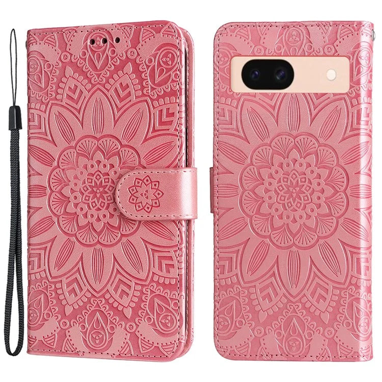 For Google Pixel 8a Protective Case Wrist Strap Sunflower Pattern Leather Phone Cover