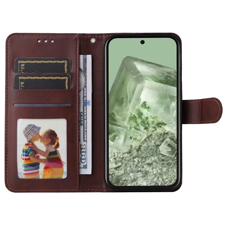 For Google Pixel 8a Leather Case Traditional Calfskin Phone Cover 3 Card Slots