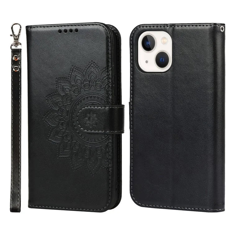 For iPhone 15 Plus R61 Texture Printed Wallet Case Stand Feature with Wrist Strap