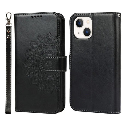 For iPhone 15 Plus R61 Texture Printed Wallet Case Stand Feature with Wrist Strap