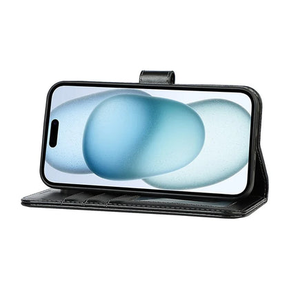 For iPhone 15 Plus R61 Texture Printed Wallet Case Stand Feature with Wrist Strap