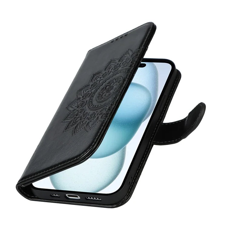 For iPhone 15 Plus R61 Texture Printed Wallet Case Stand Feature with Wrist Strap