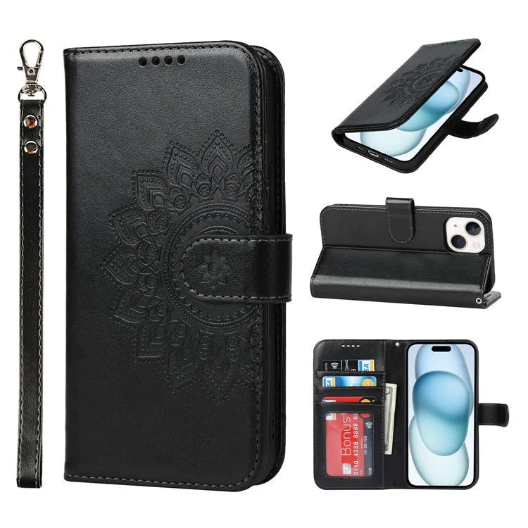 For iPhone 15 Plus R61 Texture Printed Wallet Case Stand Feature with Wrist Strap