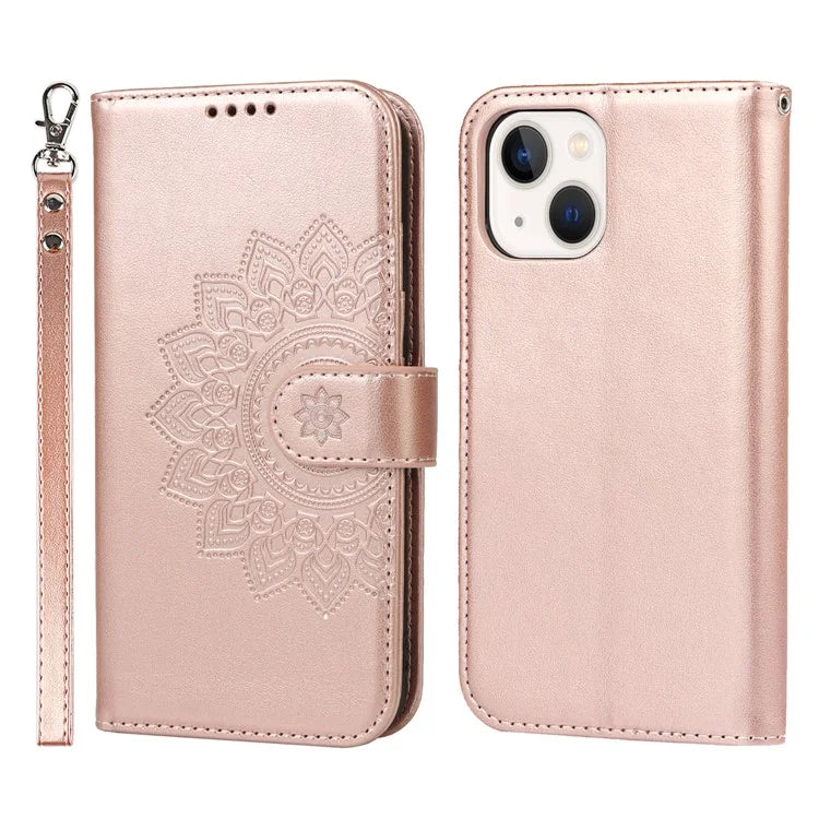 For iPhone 15 Plus R61 Texture Printed Wallet Case Stand Feature with Wrist Strap