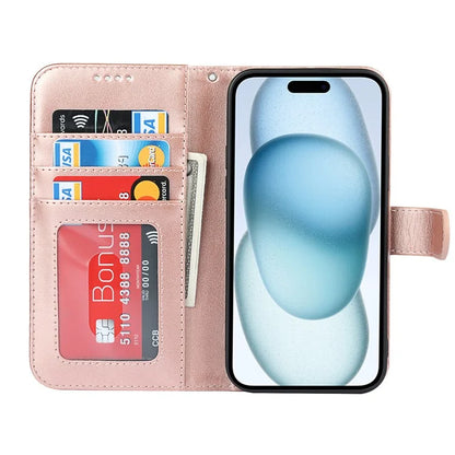 For iPhone 15 Plus R61 Texture Printed Wallet Case Stand Feature with Wrist Strap