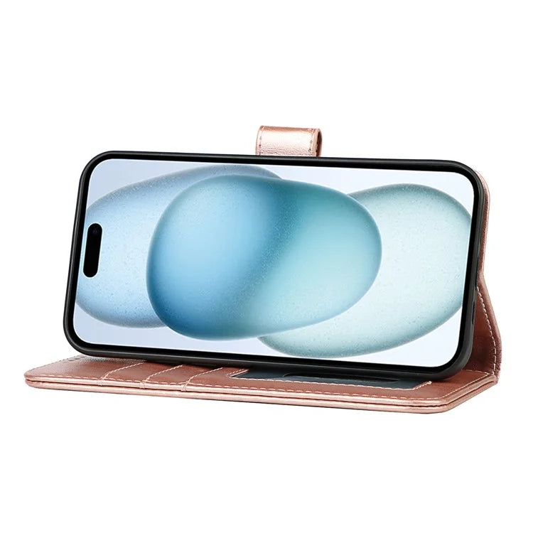 For iPhone 15 Plus R61 Texture Printed Wallet Case Stand Feature with Wrist Strap