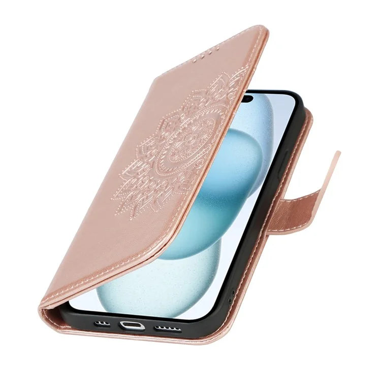For iPhone 15 Plus R61 Texture Printed Wallet Case Stand Feature with Wrist Strap