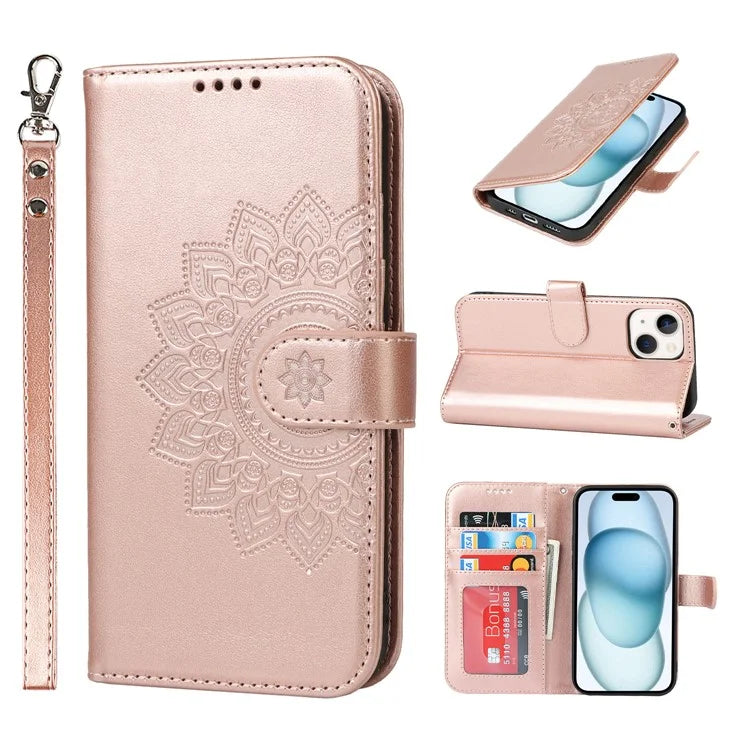 For iPhone 15 Plus R61 Texture Printed Wallet Case Stand Feature with Wrist Strap
