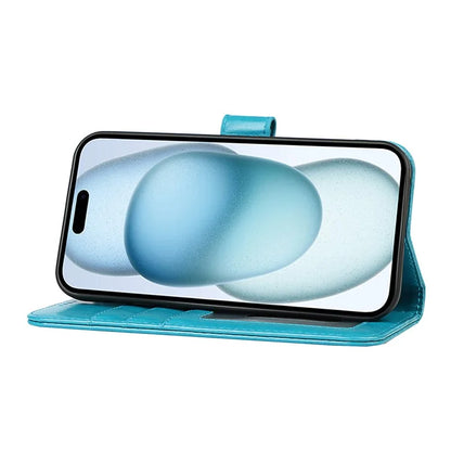 For iPhone 15 Plus R61 Texture Printed Wallet Case Stand Feature with Wrist Strap