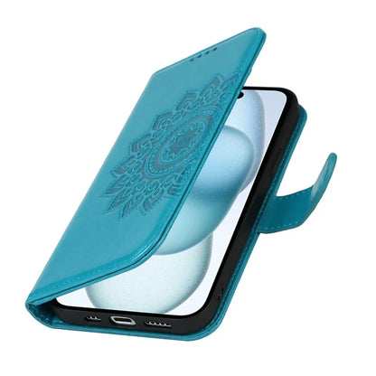 For iPhone 15 Plus R61 Texture Printed Wallet Case Stand Feature with Wrist Strap