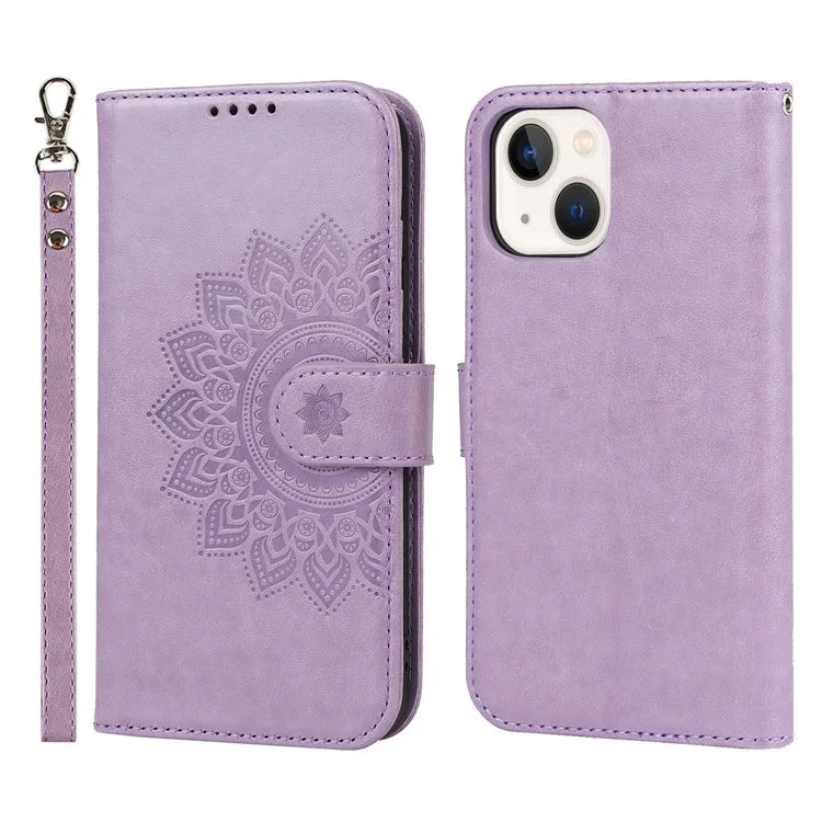 For iPhone 15 Plus R61 Texture Printed Wallet Case Stand Feature with Wrist Strap