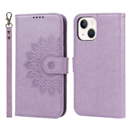 For iPhone 15 Plus R61 Texture Printed Wallet Case Stand Feature with Wrist Strap