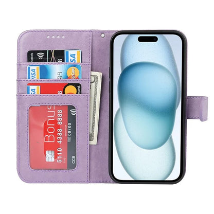 For iPhone 15 Plus R61 Texture Printed Wallet Case Stand Feature with Wrist Strap