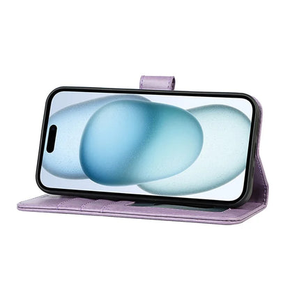 For iPhone 15 Plus R61 Texture Printed Wallet Case Stand Feature with Wrist Strap