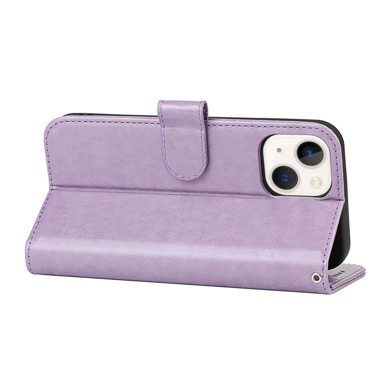 For iPhone 15 Plus R61 Texture Printed Wallet Case Stand Feature with Wrist Strap