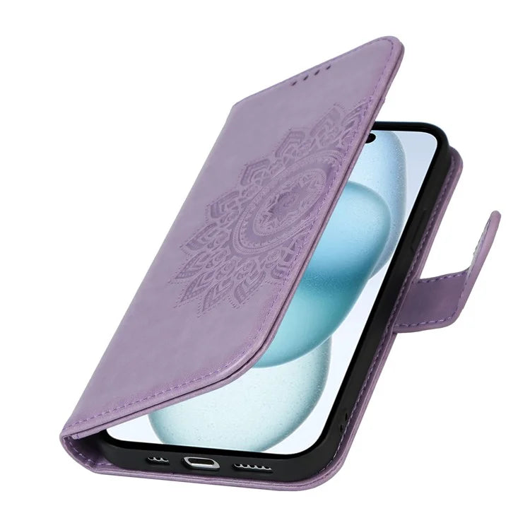 For iPhone 15 Plus R61 Texture Printed Wallet Case Stand Feature with Wrist Strap