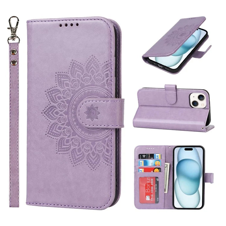 For iPhone 15 Plus R61 Texture Printed Wallet Case Stand Feature with Wrist Strap