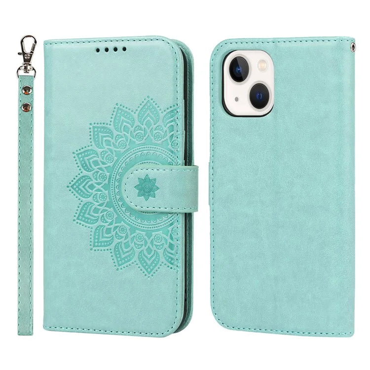 For iPhone 15 Plus R61 Texture Printed Wallet Case Stand Feature with Wrist Strap