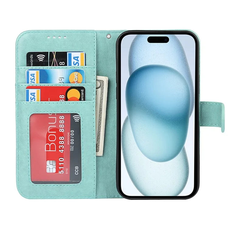 For iPhone 15 Plus R61 Texture Printed Wallet Case Stand Feature with Wrist Strap