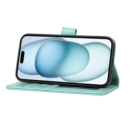 For iPhone 15 Plus R61 Texture Printed Wallet Case Stand Feature with Wrist Strap