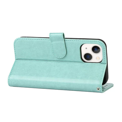 For iPhone 15 Plus R61 Texture Printed Wallet Case Stand Feature with Wrist Strap