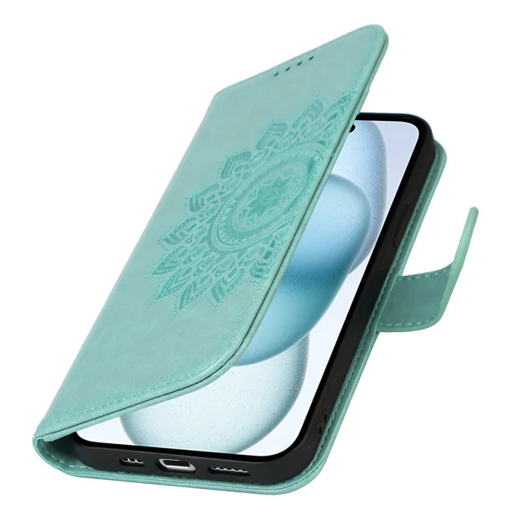 For iPhone 15 Plus R61 Texture Printed Wallet Case Stand Feature with Wrist Strap